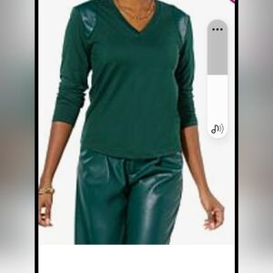 Green V-Neck Long Sleeve Top Faux Leather Shoulder L